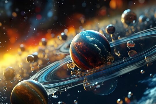 Our 3d Solar system with planets in orbits path. AI Generative