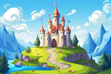 A World of Imagination. A 3D Landscape with Blue Sky, White Clouds, Green Grass, Mountains, a River, and a Large Castle. AI Generative