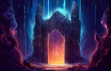 Fantasy night landscape with magical power, ancient stones with magical power and light, runes. Passage to another world, magic door, light, neon. AI Generative