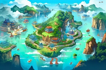 Whimsical Cartoons of Green Mountains in the Sky, Traditional Oceanic Art, Translucent Water, and Majestic Ports. AI Generative