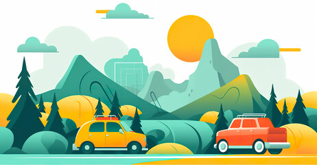Fototapeta premium Animated GIF of a Car Driving Through a Hilly Landscape with Luggage Box on Top, in Yellow, Blue, and Green. AI Generative