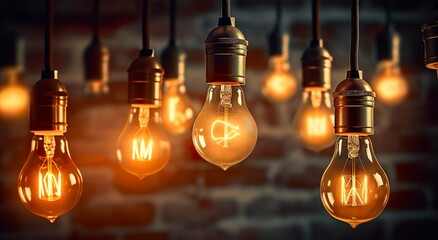 Obraz premium Decorative antique edison style light bulbs against brick wall background. vintage lamp decorative. AI Generative