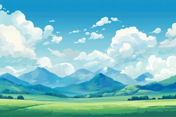 Geometric Mountain Landscape with Clouds and a Green Field. AI Generative