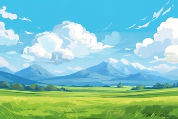 Geometric Mountain Landscape with Clouds and a Green Field. AI Generative