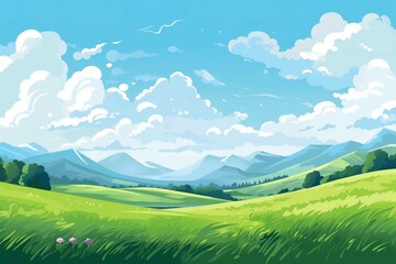 Obraz premium Geometric Mountain Landscape with Clouds and a Green Field. AI Generative