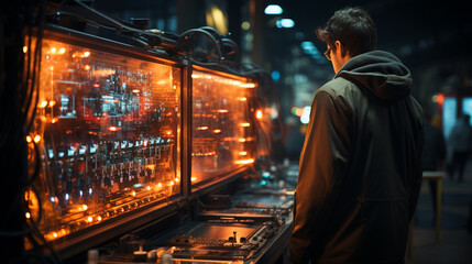 Fototapeta premium Engineer checking analysis data systems electrics of track on railway on networking. Generative Ai