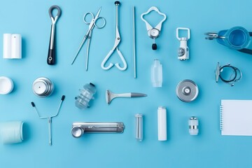 top view on various medical equipment, light blue background, copy space, AI Generative