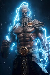 Image of a god with lightning behind him, fantasy characters. AI Generative