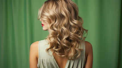 Beautiful young woman with blond stylish wavy hairdo on green background. Generative Ai