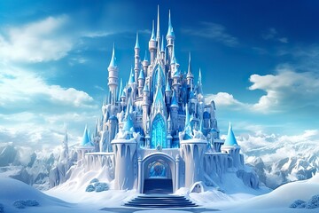 Cute blue Magic Ice Castle. Fantasy snowy landscape. Winter castle on the mountain, winter forest. AI Generative