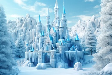 Cute blue Magic Ice Castle. Fantasy snowy landscape. Winter castle on the mountain, winter forest. AI Generative