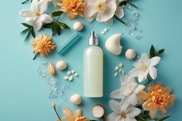 Obraz na płótnie Canvas Fresh floral skincare concept. Top view flat lay of pump bottle, pipette, cream bottles, and tubes with flowers on pastel blue background with an empty circle for text or branding. AI Generative