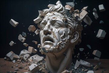 Broken ancient greek statue head falling in pieces. Broken marble sculpture, cracking bust, concept of depression, memory loss, mentality loss or illness. AI Generative
