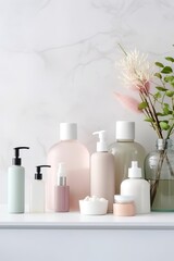 Obraz na płótnie Canvas Pastel Skincare Products Arranged in a White Bathroom. Barbiecore Bright Palette Makeup Banner. AI Generative