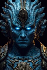 The god nemesis with blue eyes standing in front, dark bronze and light azure, AI Generative - obrazy, fototapety, plakaty