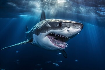 Fototapeta premium The King of the Ocean, The Great White male shark Hunter underwater view, Guadalupe island, Mexico. AI Generative
