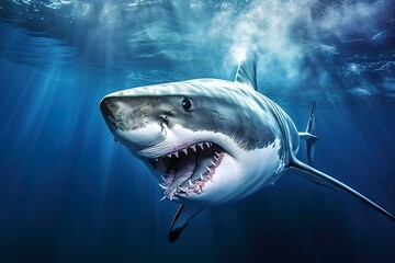 Fototapeta premium The King of the Ocean, The Great White male shark Hunter underwater view, Guadalupe island, Mexico. AI Generative