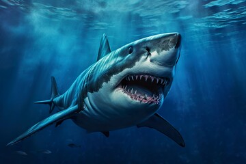 The King of the Ocean, The Great White male shark Hunter underwater view, Guadalupe island, Mexico. AI Generative