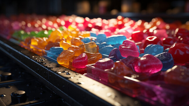  Sweets candy on factory conveyor. Generative Ai