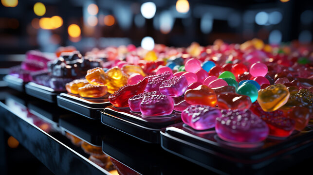  Sweets candy on factory conveyor. Generative Ai