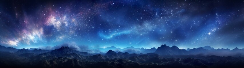 Fototapeta na wymiar Panorama dark blue night sky, milky way and stars on dark background, Universe filled with stars, nebula and galaxy, AI Generative