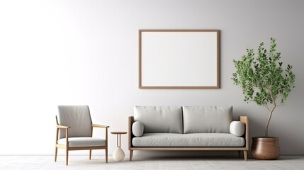 Modern cozy mock up and decoration furniture of living room and empty canvas frame on the white wall texture background, 3D rendering. AI Generative