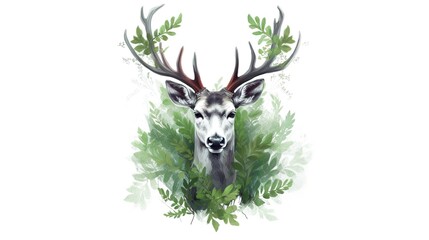 Illustration of a deer with green leaves, white background. AI Generative