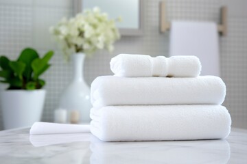 Obraz na płótnie Canvas the world's softest towels against a minimalistic background. Stacked white towels sit on top of a soap dish in a bathroom. AI Generative
