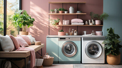 Laundry room with a washing machine. Generative Ai