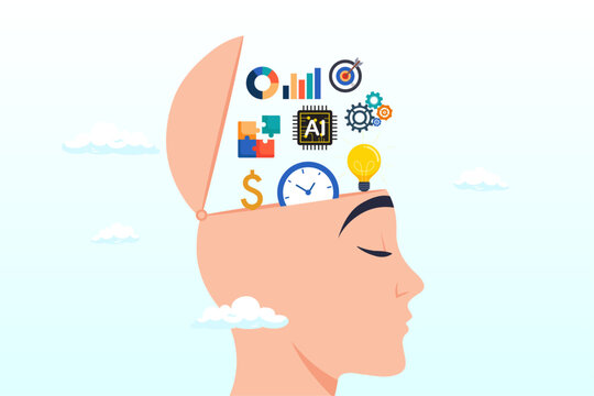 Learn new skills, knowledge or ability to work achieve success, new idea, study new skills, up skill or smart thinking, human head brain with skills symbol, creativity, time management (Vector)
