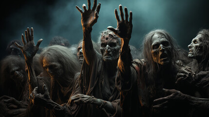 Many Zombie hands on the dark background. Generative Ai