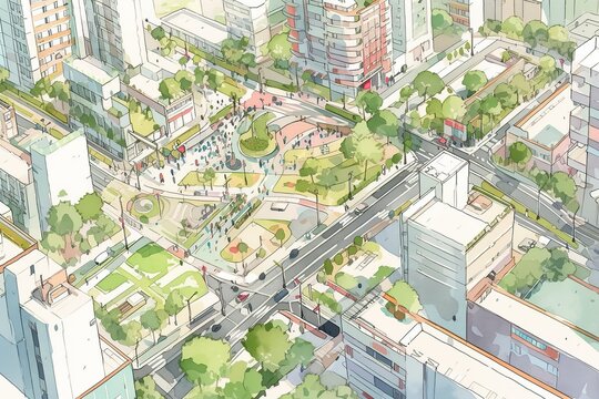Urban planning sketch highlighting sustainable elements like green spaces, public transportation, and pedestrian zones, AI Generative
