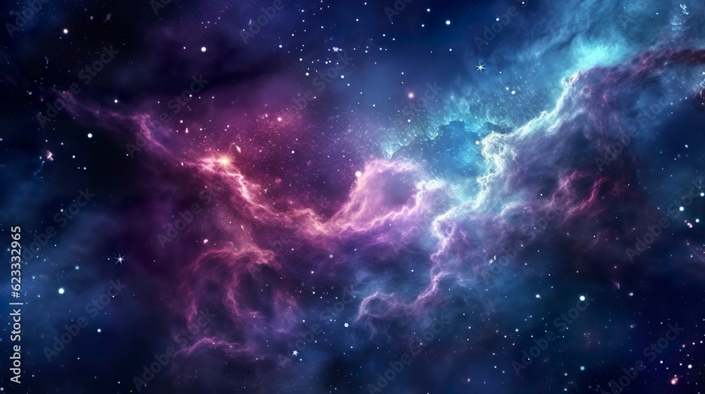 Wall mural nebula galaxy background with purple blue outer space. cosmos clouds and beautiful universe night st