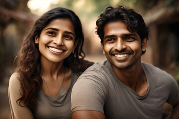 A happy smiling young Indian couple. (AI-generated fictional illustration)

