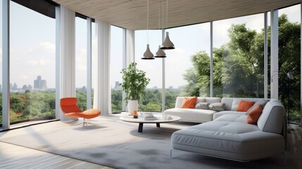 contemporary living room interior deisgn house beautiful with natural color scheme view of forest mountain hill nature background ,ai generate