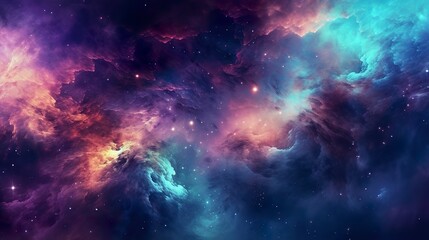 Naklejka premium Nebula Galaxy Background With Purple Blue Outer Space. Cosmos Clouds And Beautiful Universe Night Stars. AI Generative