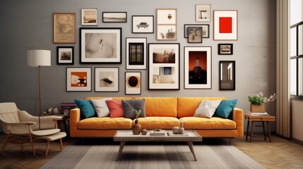 modern creative living room interior design backdrop ideas concept house beautiful background elevation of sofa with decorative photo paint frame full wall background,ai generate - obrazy, fototapety, plakaty