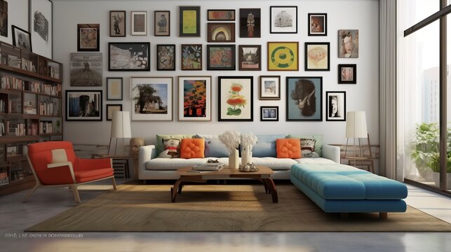 modern creative living room interior design backdrop ideas concept house beautiful background elevation of sofa with decorative photo paint frame full wall background,ai generate