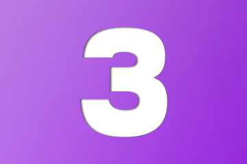 number cut paper 3 purple isolated on transparent background