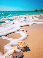 Fototapeta na wymiar Seashells and sand on the beach. Summer vacation concept created with generative AI technology.