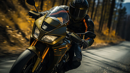 Biker in protective helmet riding motorbike. Generative Ai