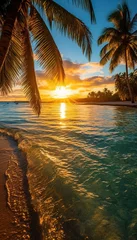 Fototapeten Beautiful tropical beach and sea with coconut palm tree at sunset time - Holiday Vacation concept created with generative AI technology. © hakule