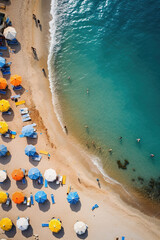 Aerial view of people sunbathing on the beach. created with generative AI technology.