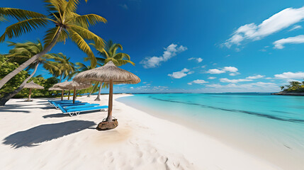 Fototapeta na wymiar Beautiful tropical beach with coconut palm trees, beach chairs, umbrella and blue sky created with generative AI technology.