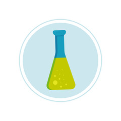 chemical flask icon on round blue background