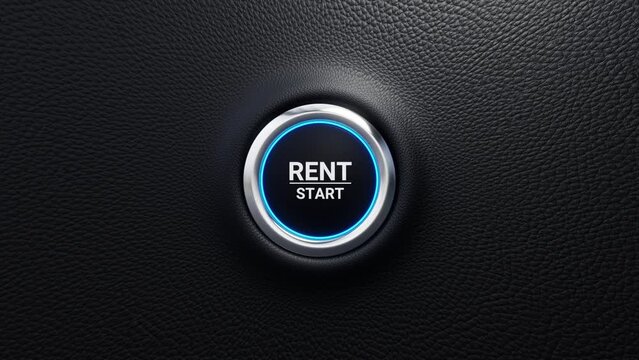 3D pushing button with the word rent. Concept of car or vehicle rental. Rent a car or pay rent. 4k 3d loop animation
