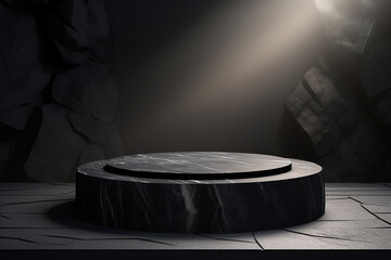 Black stone podium with sun shadow for product display in Rock shape background. Generative AI