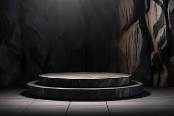 Fototapeta premium Black stone podium with sun shadow for product display in Rock shape background. Generative AI