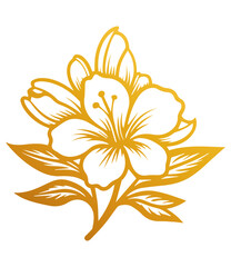 Hand drawn azalea flower . Sketch of azalea flower with leaves and stem . golden vintage etching vector botanical isolated on transparent. Illustration of botany floral plant, PNG and SVG