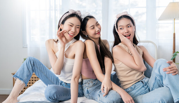 Closeup portrait of young beautiful asian group of friends girl in morning makeup routine. Beauty blogger woman with perfect glow skin dress up. Health care woman, together lifestyle cosmetic blogger